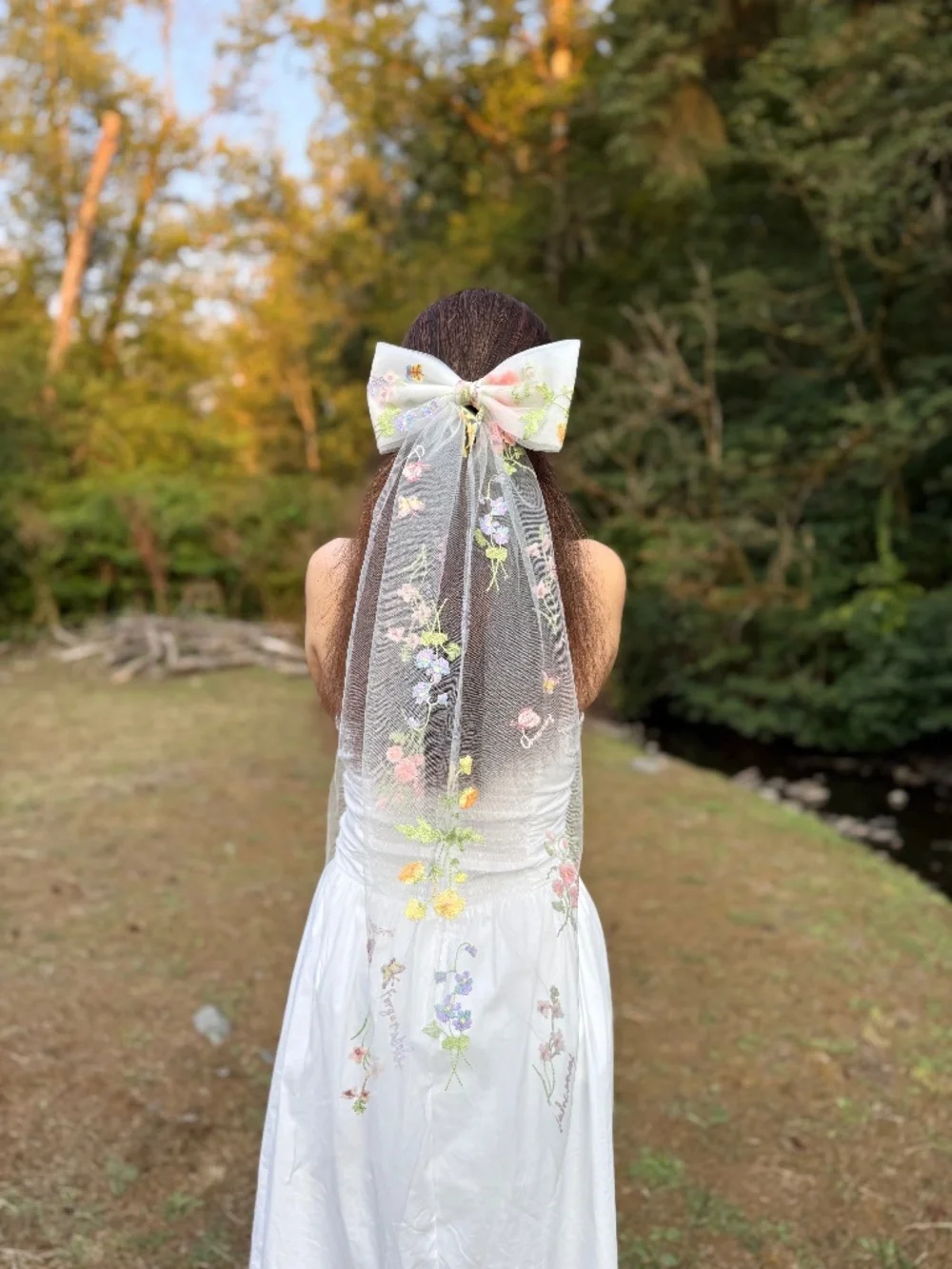 Embroidered Floral Tulle Bow Veil, Wildflowers Wedding Hair Accessory